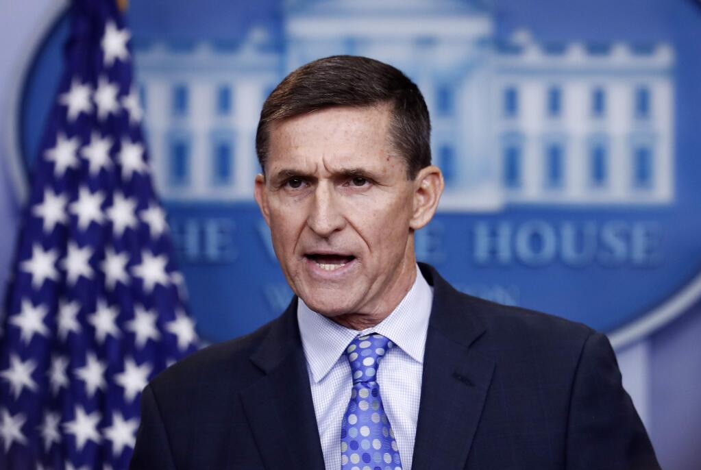 National Security Adviser Michael Flynn speaks during the daily news briefing at the White House, in Washington, Wednesday, Feb. 1, 2017. Flynn said the administration is putting Iran 'on notice' after it tested a ballistic missile. (AP Photo/Carolyn Kaster)