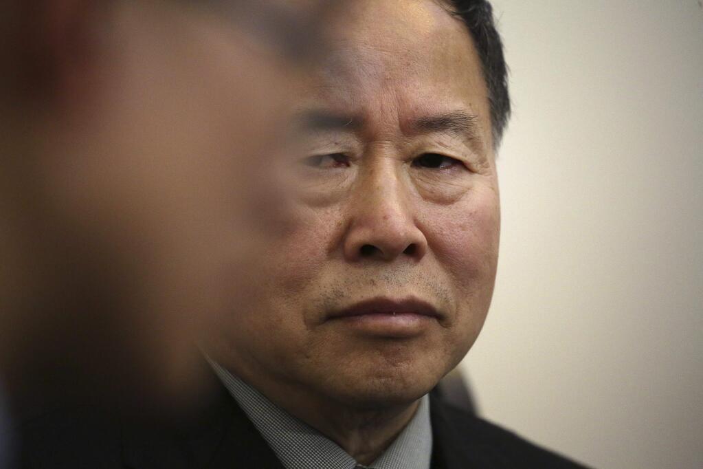 Han Song Ryol, North Korea's vice foreign minister, listens to a translator during an interview with The Associated Press on Friday, April 14, 2017, in Pyongyang, North Korea. Han Song Ryol said the situation on the Korean Peninsula is now in a 'vicious cycle.' (AP Photo/Wong Maye-E)