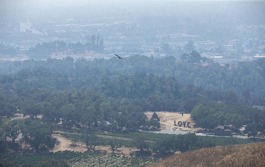 The “Love” sculpture at Paradise Ridge Winery is seen from the top of Fountaingrove as vulture passes by while Sonoma County was blanketed in smoke creating unhealthy air quality, Wednesday Aug. 30, 2023. (Chad Surmick / The Press Democrat)