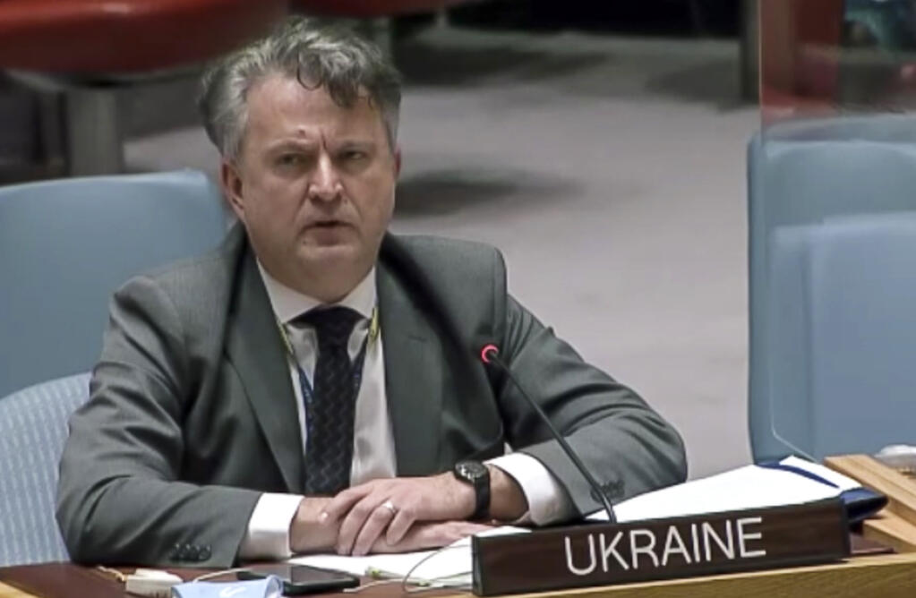 In this image taken from UN video, Ukraine's Ambassador to the United Nations Sergiy Kyslytsya addresses an emergency meeting of the U.N. Security Council on Ukraine to deplore Russia's actions toward the country and plead for diplomacy, Wednesday Feb. 23, 2022, at U.N. headquarters. (UNTV via AP)