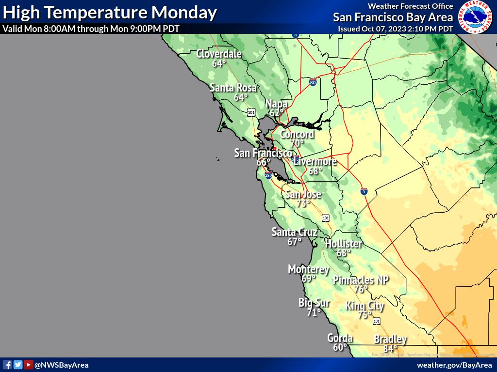 Temperature highs Monday are expected to quickly drop from the higher-than-normal temps to the mid-60s as a cold front appears. The front will also bring a strong possibility for rain across the North Bay. (National Weather Service)