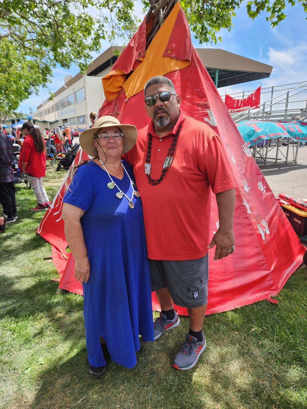 From left, Charlie Toledo, director of the Suscol Intertribal Council in Napa, poses with Pomo Elder Delmar Billy at the Indigenous Peoples Day celebration held at Sonoma County Fairgrouds in Santa Rosa. (Courtesy: Charlie Toledo) May 2023