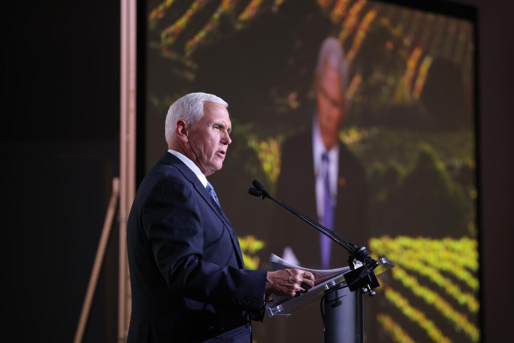 Former Vice President Mike Pence speaks to a crowd of attendees at the Napa Institute conference held at Meritage Resort and Spa in Napa Thursday July 27, 2023. (Beth Schlanker / Press Democrat)