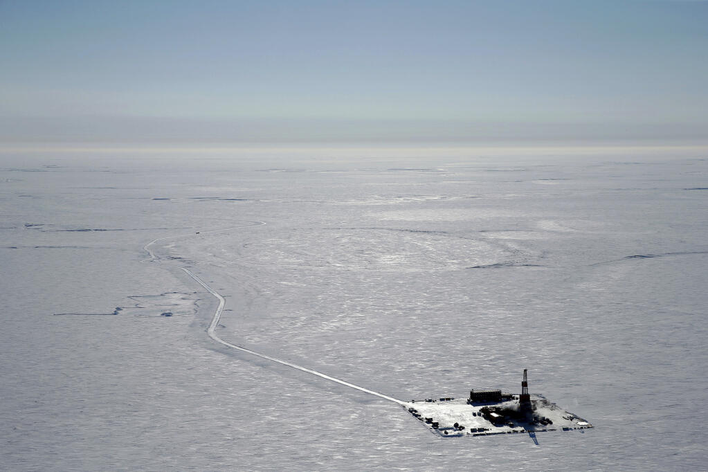FILE - This 2019 aerial photo provided by ConocoPhillips shows an exploratory drilling camp at the proposed site of the Willow oil project on Alaska's North Slope. President Joe Biden will prevent or limit oil drilling in 16 million acres of Alaska and the Arctic Ocean, an administration official said on Sunday, March 12, 2023. The expected announcement comes as regulators prepare to announce a final decision on the controversial Willow project. (ConocoPhillips via AP, File)