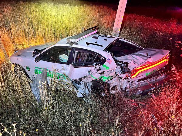A Vallejo man suspected of drunken driving hit a Sonoma County sheriff’s deputy’s patrol car, pushing it into the vehicle pulled over, injuring all three drivers early Monday morning, July 10, 2023, on Lakeville Highway in Petaluma. (Sonoma County Sheriff’s Office / Facebook)