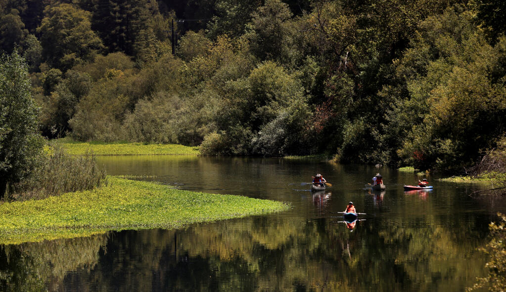 Kayakers maneuver through the placid flow of the Russian River near Odd Fellows Park, east of Rio Nido, Saturday, July 10, 2021. (Kent Porter / The Press Democrat) 2021