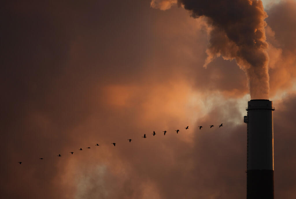 FILE - In this Jan. 10, 2009, file photo, a flock of geese fly past a smokestack at a coal power plant near Emmitt, Kan. The Trump administration is moving to scale back criminal enforcement of a century-old law protecting most American wild bird species. The former director of the U.S. Fish and Wildlife Service told AP billions of birds could die if the government doesn't hold companies liable for accidental bird deaths. (AP Photo/Charlie Riedel, File)