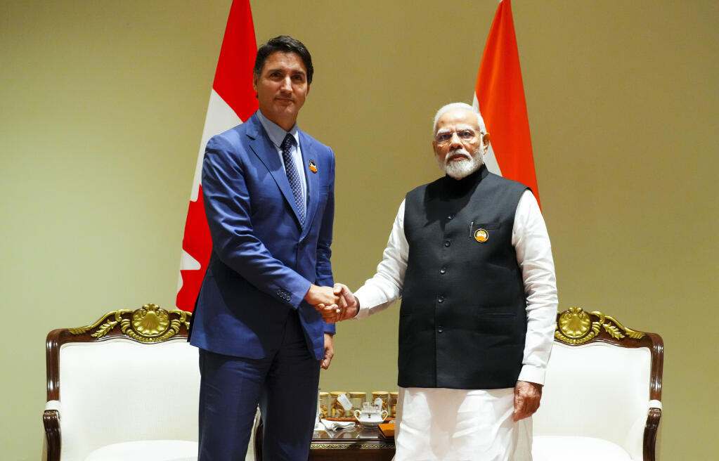 Prime Minister Justin Trudeau takes part in a bilateral meeting with Indian Prime Minister Narendra Modi during the G20 Summit in New Delhi, India on Sunday, Sept. 10, 2023. On Monday, Sept. 18, Canada expelled a top Indian diplomat as it investigates what Trudeau called credible allegations that India’s government may have had links to the assassination in Canada of a Sikh activist. Trudeau told Parliament that he brought up the slaying with Modi at the G-20. (Sean Kilpatrick/The Canadian Press via AP)