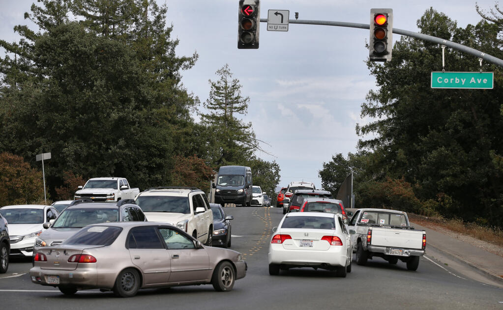 Traffic backs up on the Hearn Avenue overpass, at the Coby Avenue intersection, in Santa Rosa, Friday, Oct. 13, 2023. (Christopher Chung / The Press Democrat file)