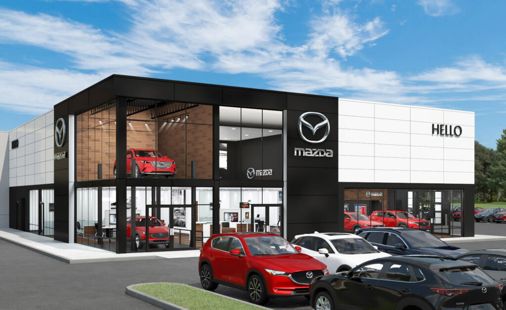 This architectural rendering shows the planned Hello Mazda of Santa Rosa dealership building at 3019 Santa Rosa Ave. Southern California-based Hello Auto Group purchased the property March 26, 2024, and plans to open the dealership in 2026. (Courtesy: Hello Auto Group) Feb. 21, 2024