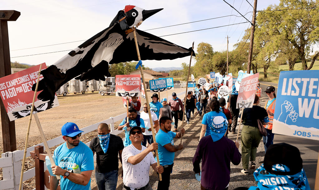 More than 100 farmworkers and supporters protest at Vino Farms in Healdsburg, Friday, April 21, 2023, against what they allege are unsafe working conditions. (Kent Porter / The Press Democrat)