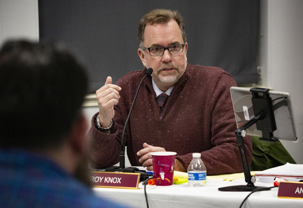 Troy Knox, president of the Sonoma Valley Unified School District Board of Trustees, at the meeting in the district offices on Railroad Avenue on Thursday, March 9, 2023. (Robbi Pengelly/Index-Tribune)