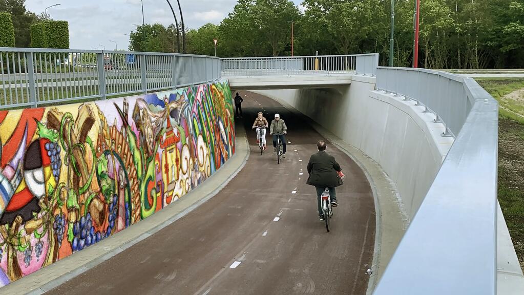The city of Napa’s soon-to-open Highway 29 undercrossing, a paved path that will allow cyclists and pedestrians to move from east to west, will be getting a permanent public art mural in early 2024. (OCELOT ART)
