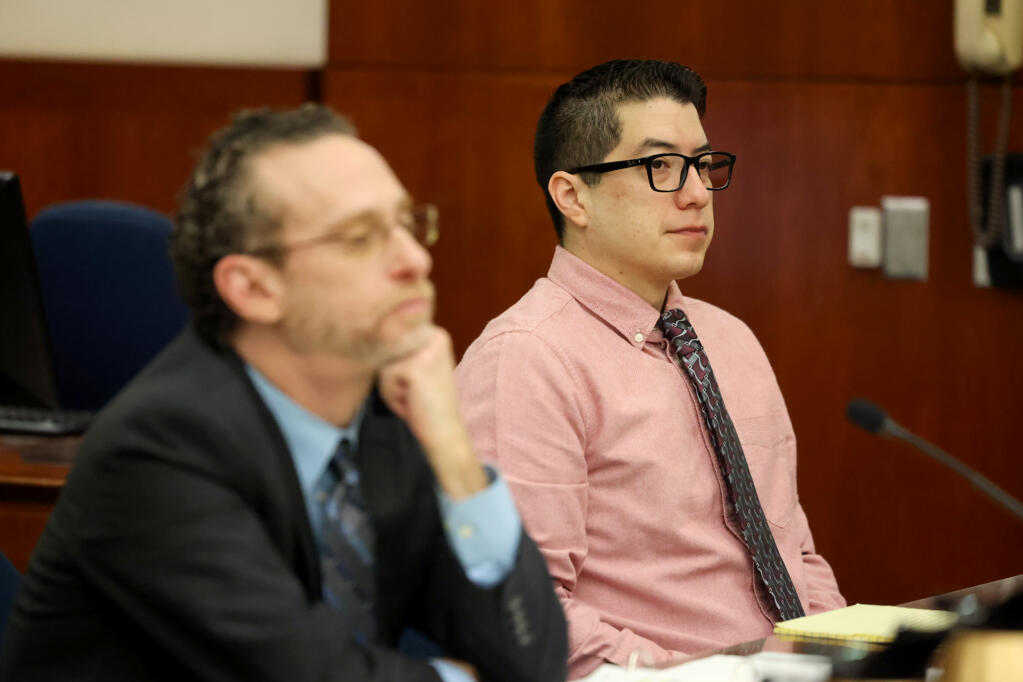 Benjamin Casas, a former employee of Pope Valley Union Elementary School accused of sexually abusing children and teenagers, sits with Chief Deputy Public Defender Andy Rubinger during his trial in Napa County Superior Court in Napa, Wednesday, Jan. 24, 2024. (Beth Schlanker / The Press Democrat file)