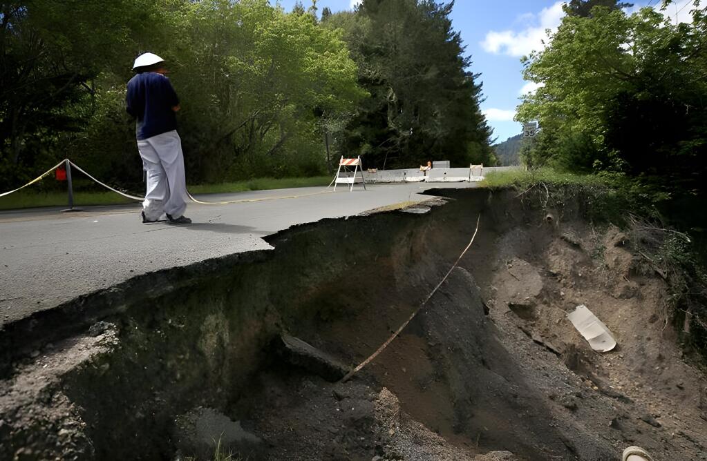 Cazadero Highway has a history of sinkholes and road collapses, as illustrated by this photo from 2019. Lark Coryell photo.
