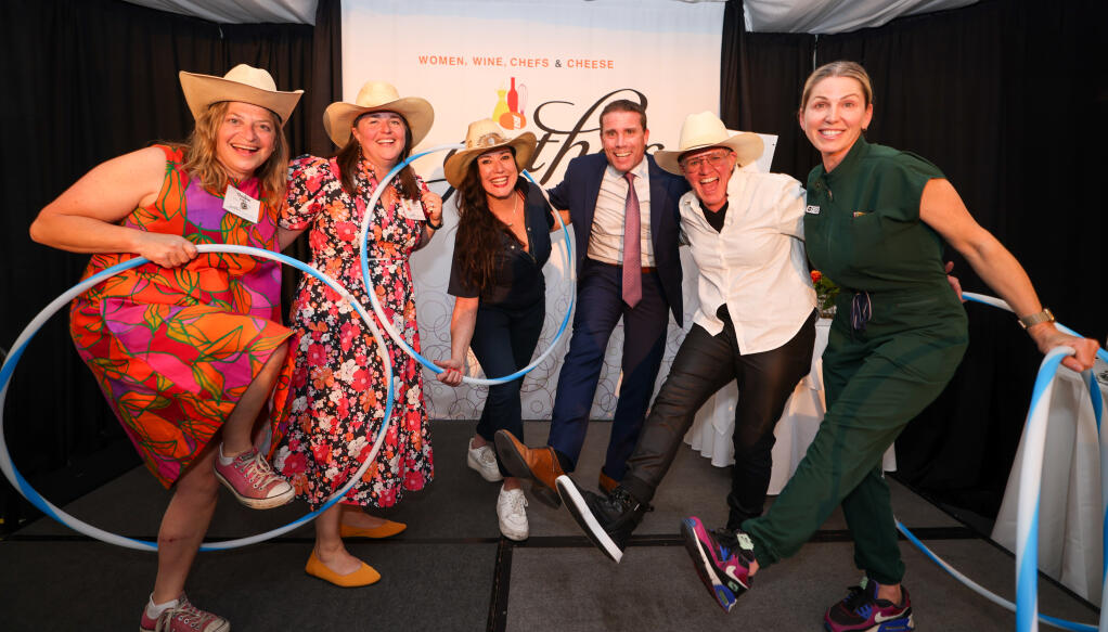 Local Sonoma County Chefs, Duskie Estes, Liza Hinman, Domenica Catelli, Crista Luedtke and Sara Thompson with Senator McGuire during “Gather Sonoma,” a fundraiser organized by YWCA Sonoma County at Fairmont Sonoma Mission Inn & Spa in Sonoma, Friday, May 3, 2024. (WIll Bucquoy)