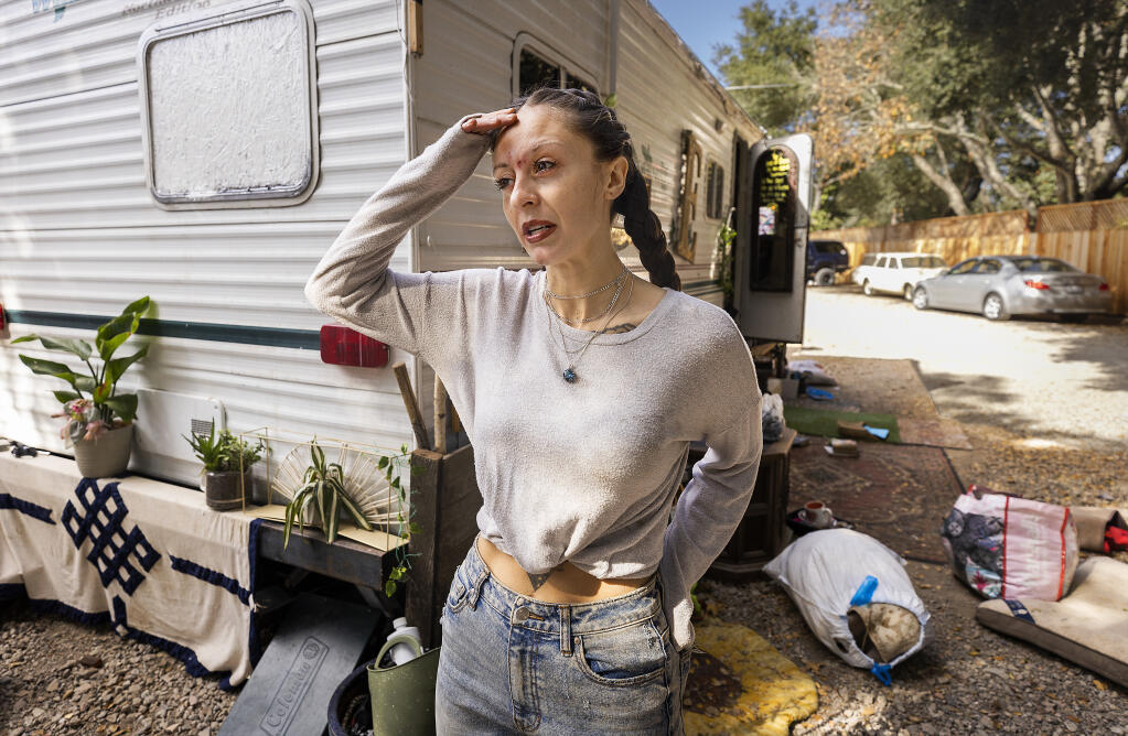 Paige “Elightza” Corley feels lucky she was able to get off the streets and into a spot for her trailer at Horizon Shine RV Village in Sebastopol before the town enacted their law prohibiting vehicles for habitation from parking within city limits during the day Oct. 25, 2022. (John Burgess/The Press Democrat)