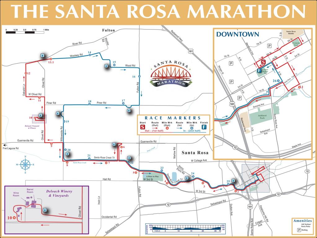 A map of the Santa Rosa Marathon route. The marathon begins Sunday, Aug. 27, at 6:30 a.m. in Santa Rosa’s Old Courthouse Square. (Santa Rosa Marathon)