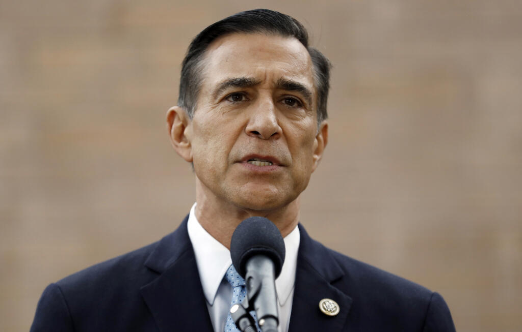 FILE - In this Sept. 26, 2019, file photo, former Republican congressman Darrell Issa speaks during a news conference in El Cajon, Calif.  Issa declared victory in his race to return to Congress, saying there are not enough votes left to count for Democratic opponent Ammar Campa-Najjar to overcome Issa's lead that has grown steadily since Election Day. Issa gave up his seat two years ago and then ran this year in the neighboring 50th District anchored in San Diego County. (AP Photo/Gregory Bull, File)