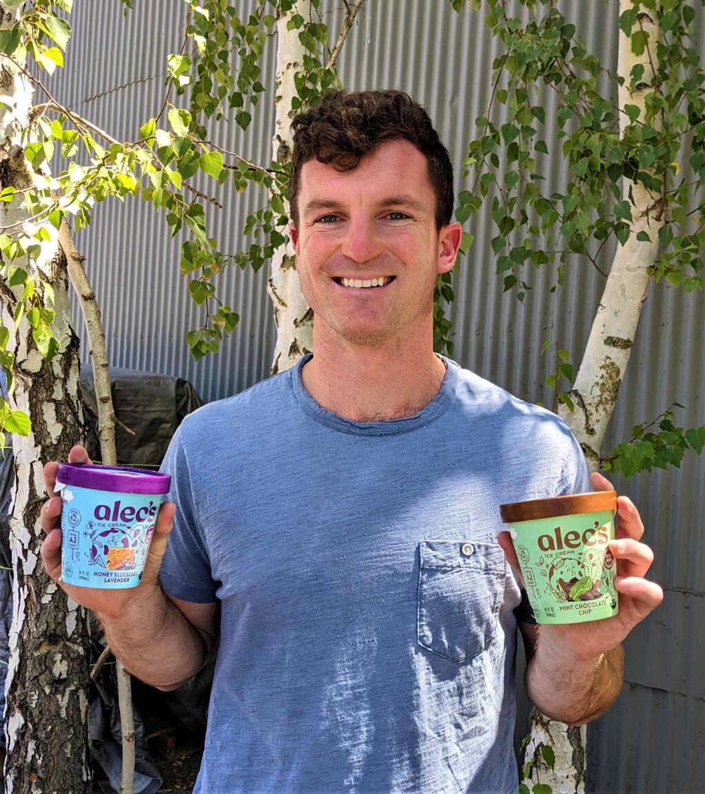 Alec Jaffe, founder and owner of Alec’s Ice Cream, holds up pints of his product featuring new packaging that touts the brand’s move to an eco-friendly container and new dairy supplier from Humboldt County. (Houston Porter / For the Argus-Courier)