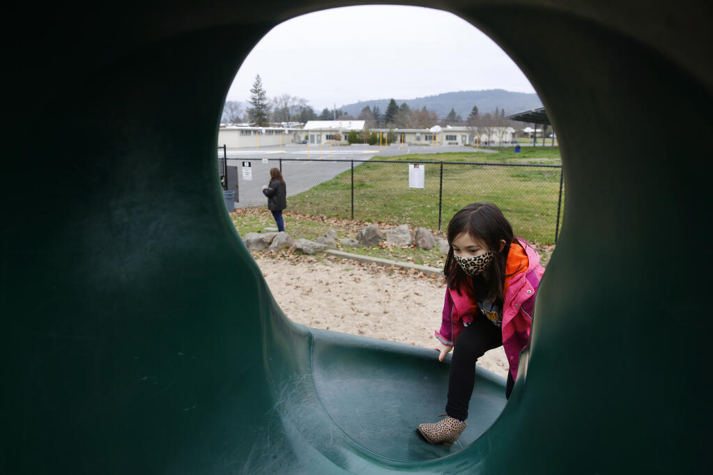 Spring Creek Elementary Charter School second grader Kate Huang, 7, plays at Matanzas Park next to Matanzas Elementary Charter School, which will be renamed Manzanita for the 2021-22 school year. Photo taken in Santa Rosa on Tuesday, Jan. 12, 2021. (Beth Schlanker / The Press Democrat)