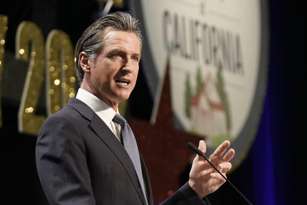 FILE - California Gov. Gavin Newsom speaks at the California Association of Realtors Legislative Day in Sacramento, Calif., Wednesday, April 27, 2022. A year after beating back a recall, Newsom is expected to cruise to a re-election victory ahead of challenger Republican state Sen. Brian Dahle. (AP Photo/Rich Pedroncelli, File)