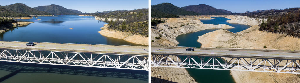 A car crosses Enterprise Bridge over Lake Oroville on March 26, 2023, left, and the same location on May 23, 2021, in Butte County, Calif. (AP Photo/Noah Berger)