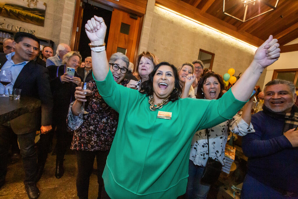 A triumphant Rebecca Hermosillo celebrates with supporters as she learns she is on her way to winning the seat for Sonoma County District 1 supervisor, at her election night party at Kunde Family Winery in Kenwood on Tuesday, March 5, 2024. (Robbi Pengelly/Inbdex-Tribune)