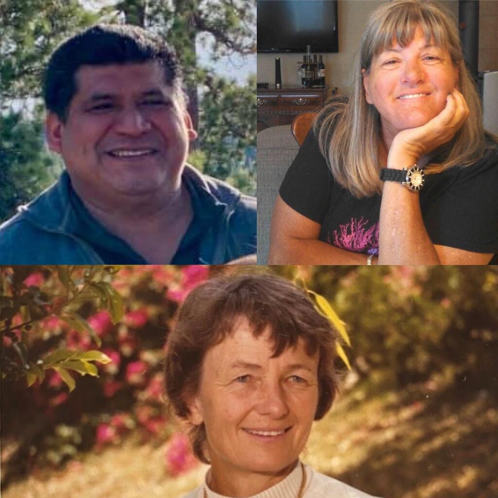 Clockwise from top left, Otoniel Azañon Alvarado, Becky Blair and Virginia Bruno are three of the more than 100 Sonoma County residents who have died after contracting COVID-19. (Family photos)