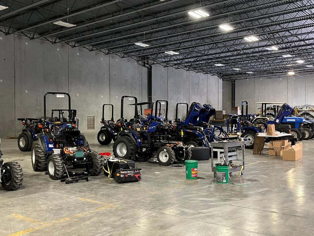 Electric tractors line Solectrac’s 36,000-square-foot facility on Earhart Road in Windsor in March 2021. (Susan Wood / North Bay Business Journal)