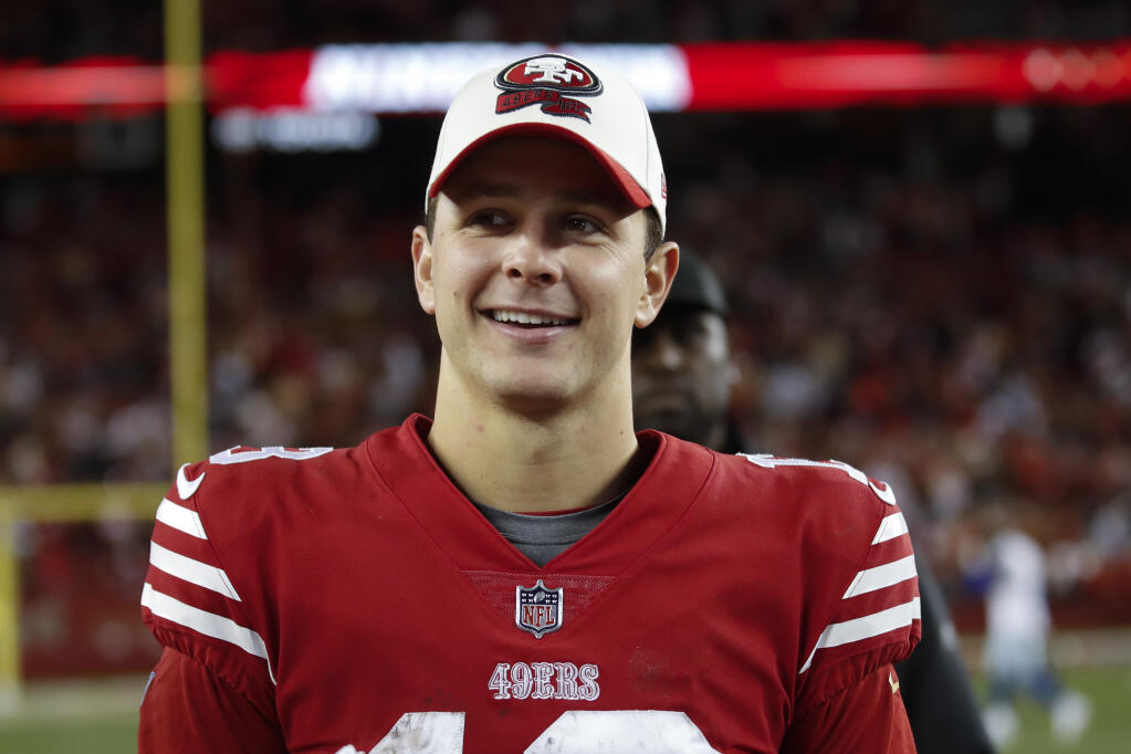 San Francisco 49ers quarterback Brock Purdy smiles after an NFL divisional round playoff football game against the Dallas Cowboys in Santa Clara, Calif., Sunday, Jan. 22, 2023. (AP Photo/Josie Lepe)