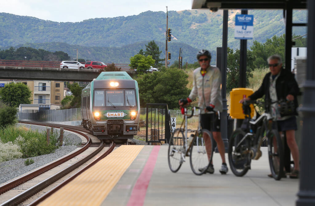 A northbound SMART train approaches the Novato San Marin station. (CHRISTOPHER CHUNG / The Press Democrat)