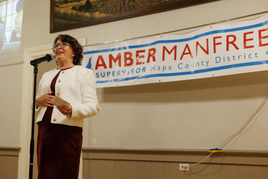Amber Manfree, District 4 Napa County supervisor candidate, talks to attendees to her election party at Napa Women’s club in Napa on March 5, 2024. (Abraham Fuentes/For The Press Democrat)