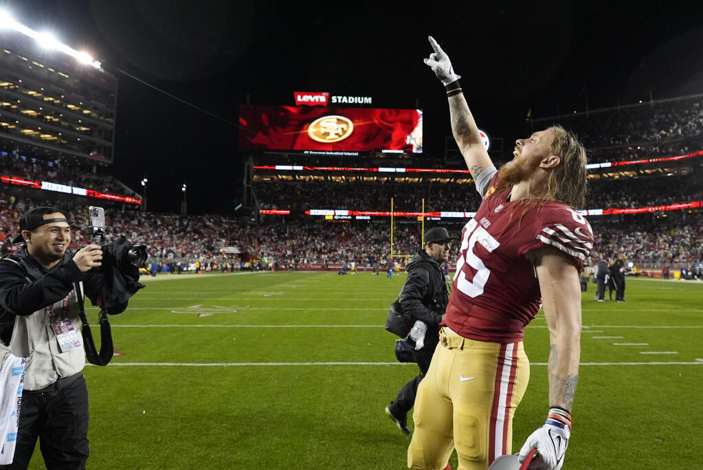 49ers tight end George Kittle celebrates after a win over the Green Bay Packers in an NFC divisional playoff game Saturday, Jan. 20, 2024, in Santa Clara. (Ashley Landis / ASSOCIATED PRESS)