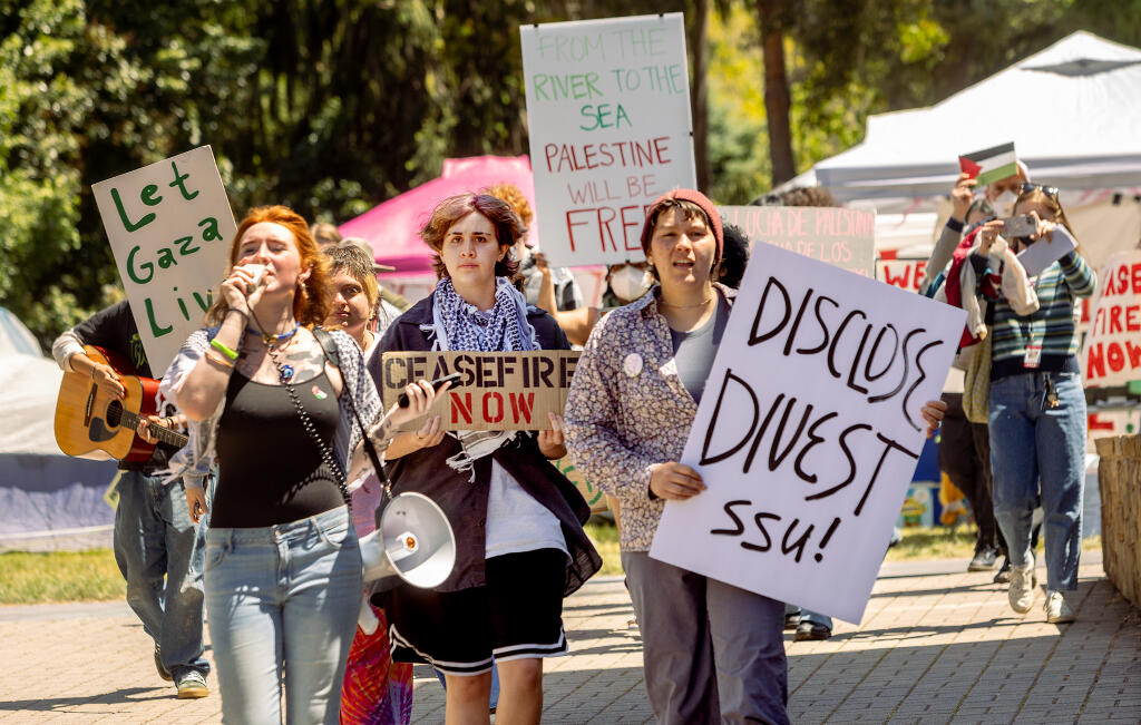 About 35 Sonoma State University students and community members rallied against the occupation of Gaza in front of the campus Student Center, Monday, April 29, 2024, in Rohnert Park. (John Burgess / The Press Democrat)