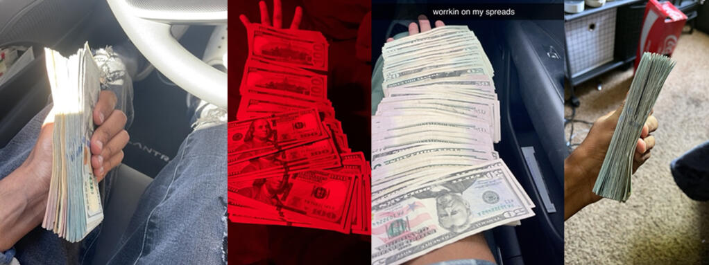 Santa Rosa police say these images show money being flashed by suspects in a $7.8 million phone scam operation. An investigation began in September 2022 and led to arrests in November 2023. Police say the suspects laundered money and kept some but sent the rest overseas. (Santa Rosa Police Department)