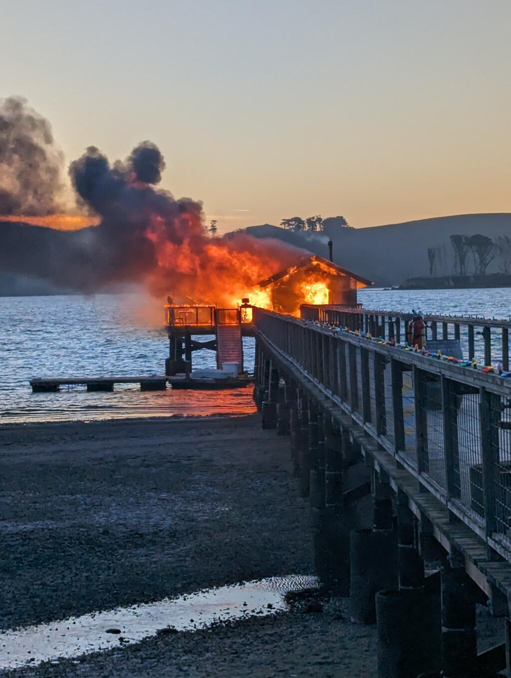 Fire destroyed the boat shack at Nick's Cove in Marshall on Sunday, Jan. 7, 2024. (Marin County Fire)