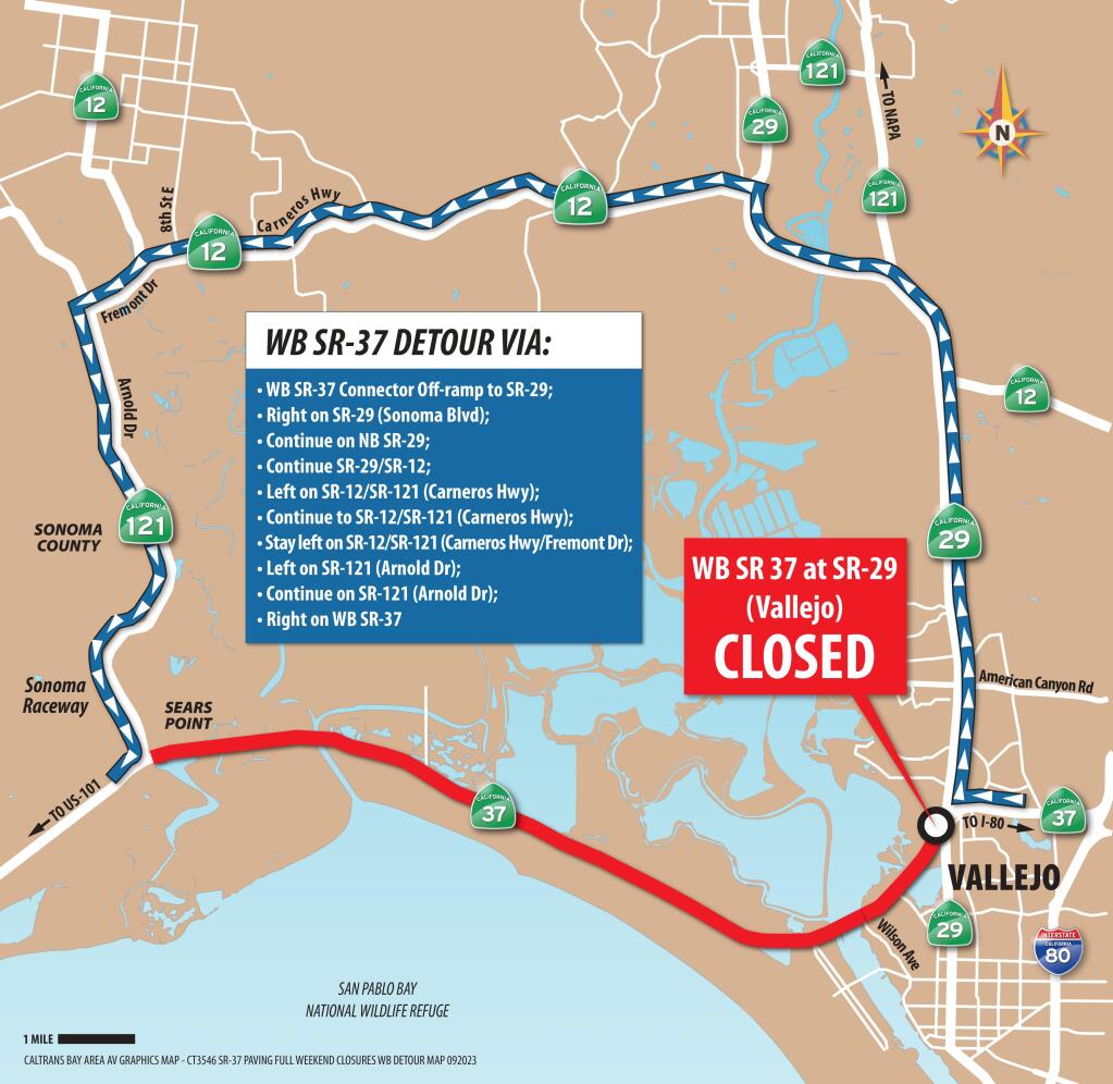 Map showing Hwy 37 closure starting at 9 p.m. Friday, April 26, 2024. (Caltrans)