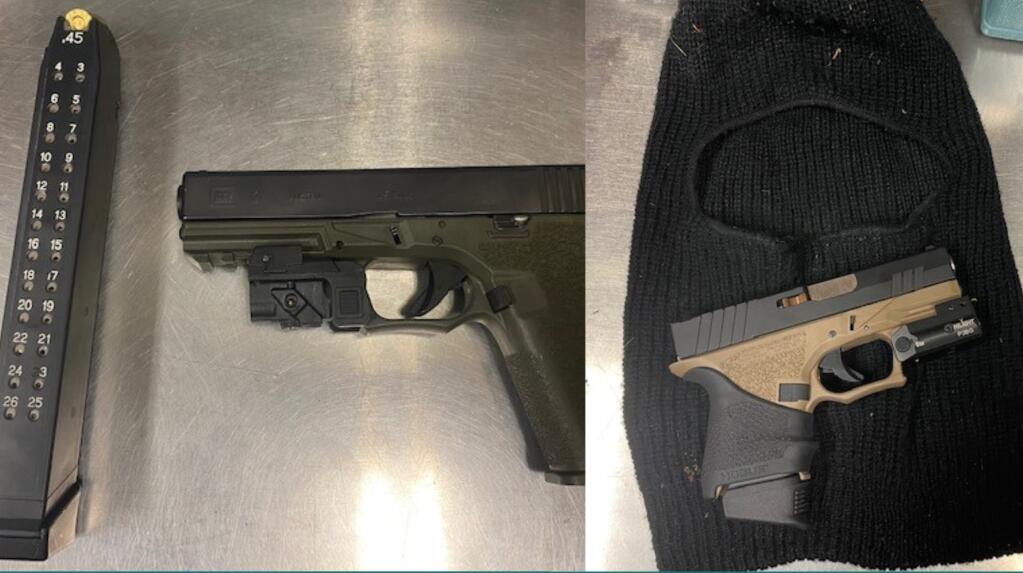 Santa Rosa police say two separate arrests early Sunday, July 11, 2021, netted two suspects who were each found to be carrying the “ghost guns” pictured above. The firearms, police said, appeared to be “Polymer80  unregulated and unregistered guns” that are “assembled ... from individual parts or from purchased, online kits.” (Santa Rosa Police Department)