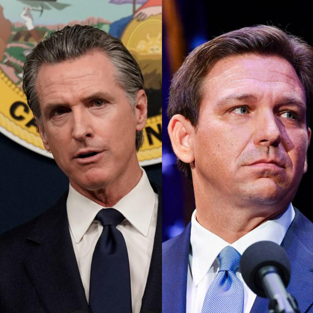 California Gov. Gavin Newsom, left, and Florida Gov. Ron DeSantis. (Associated Press file)