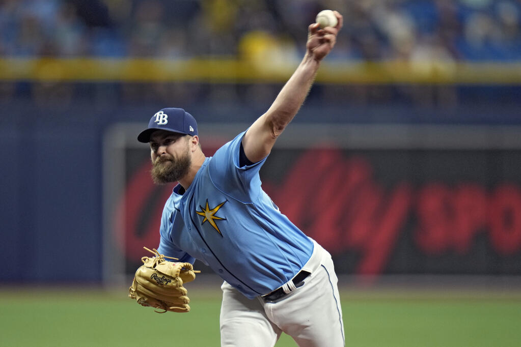 Tampa Bay Rays pitcher Jalen Beeks delivers to the Boston Red Sox during the first inning of a baseball game Monday, April 10, 2023, in St. Petersburg, Fla. (AP Photo/Chris O'Meara)