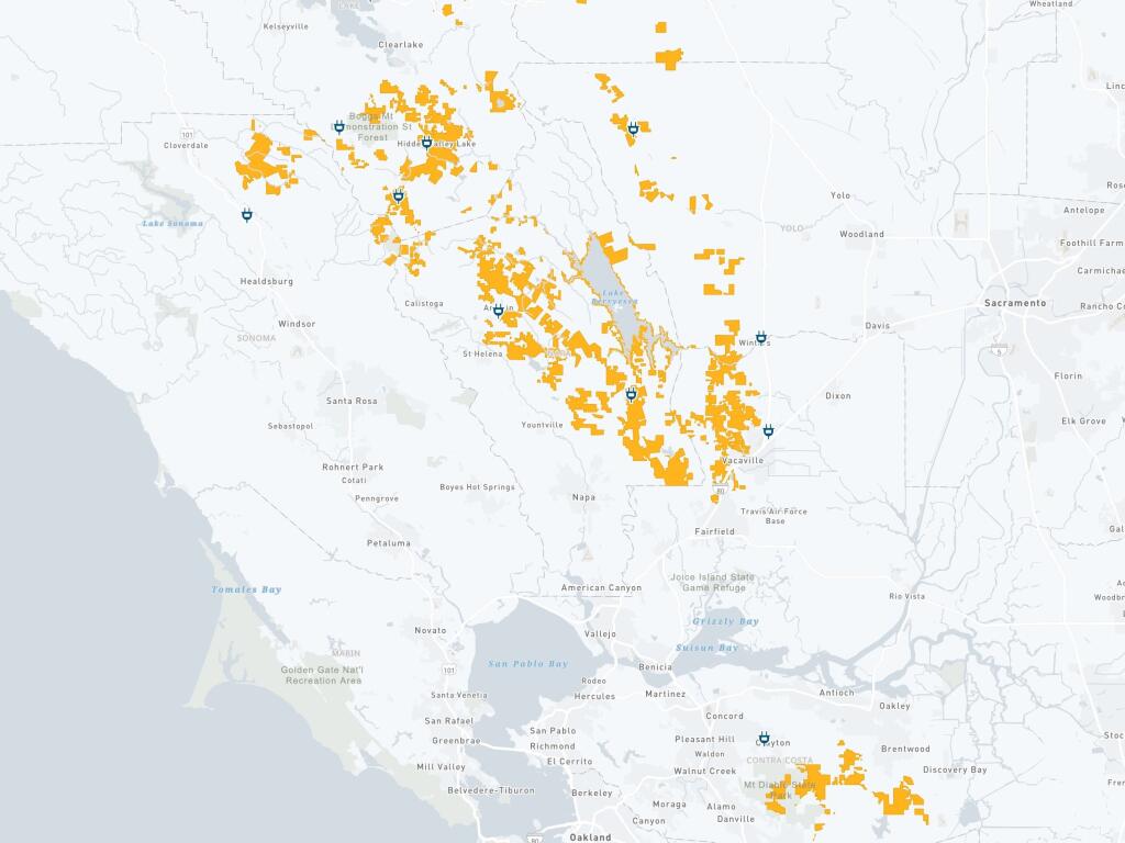 This PG&E map shows the planned areas of Lake, Solano, Napa and Sonoma counties were a public safety power shutoff is planned Monday morning, Oct. 11, 2021, through Tuesday, Oct. 12, as high, dry winds with gusts forecast up to 50 mph roll on shore Sunday night, Oct. 10. (screenshot of the PG&E website) Oct. 11, 2021 9:35 a.m.
