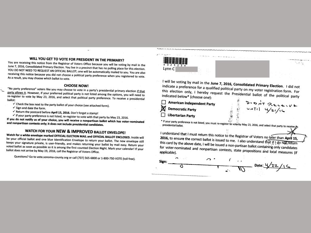 An image of a ballot notice mailed to a Sonoma County voter showing the April 15 return deadline, with a note from the voter indicating the notice wasn't received until April 21. (Courtesy photo)