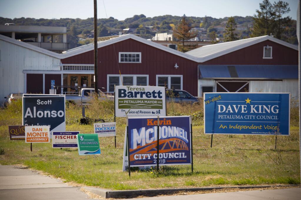 Campaign signs in Petaluma for various races. Competitive races up and down the ballot has meant a flood of advertising. Most of the signs will come down the day after the election.(CRISTINA PASCUAL/ARGUS-COURIER STAFF)