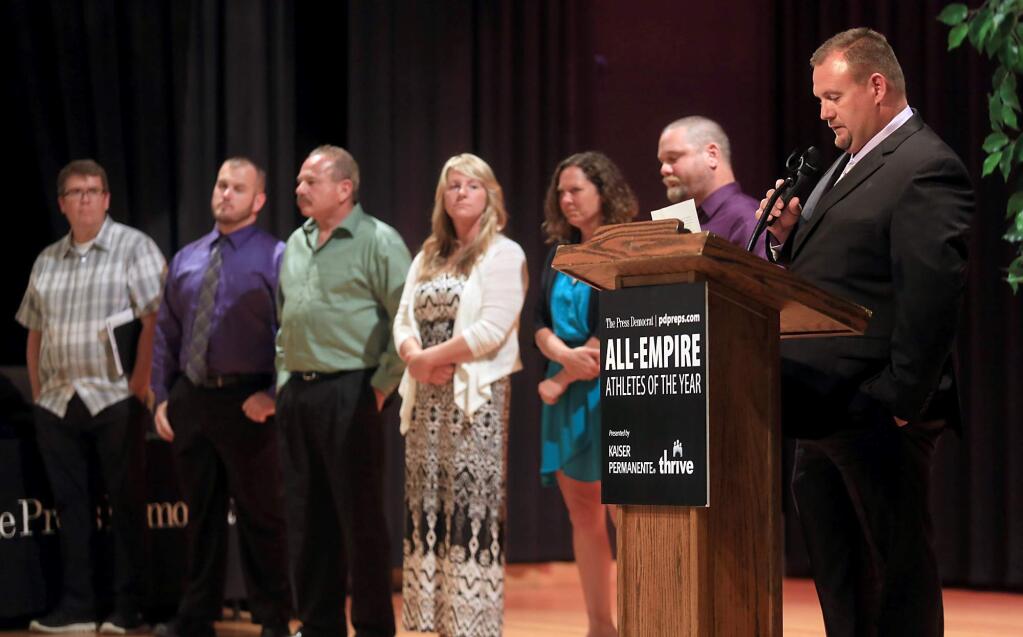 Middletown High School principal Bill Roderick talks about the dedication of his coaching staff during the aftermath of the Valley fire in Lake County, after the coaches from the school were given the coaches of the year award during the 22nd annual Press Democrat All-Empire High School Sports Awards in Santa Rosa, Wednesday May 11, 2016. (Kent Porter / Press Democrat)
