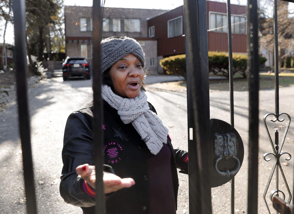 Monica Conyers, wife of Rep. John Conyers, D-Mich., speaks to the media outside her home Wednesday, Nov. 29, 2017, in Detroit. Rep. Conyers is being pressured by some in Washington to resign. Rep. Conyers recently stepped down from his post as top Democrat on the House Judiciary Committee after facing allegations of sexual harassment by former staffers. (AP Photo/Paul Sancya)