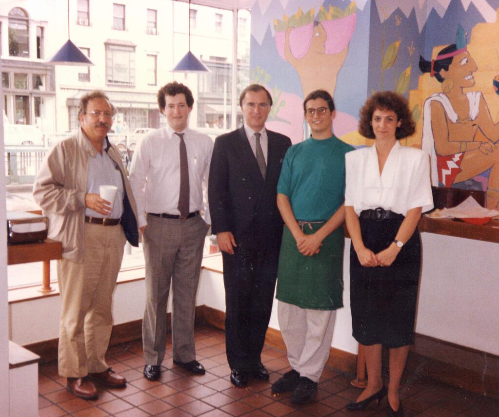 Sklar (second from left) with co-founder of Burrito Bros., then Gov. Jerry Brown, and Brown's aides in 1990-courtesy photo