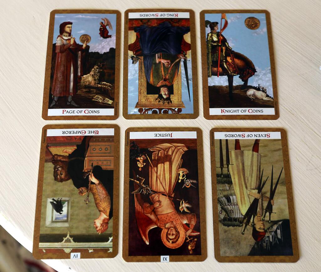 -These cards were drawn by Kristine Gorman in her tarot reading for Sonoma County. When tarot cards are drawn for a reading, their meaning can vary depending on whether they are right side up or upside down. See inside to learn more about what these represent.