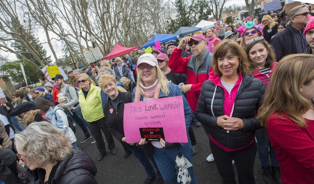 Around a thousand people gathered on Sonoma Plaza on Saturday, Jan. 19, 2019, for the third annual Women's March in Sonoma, largely in protest of the current administration. (Photo by Robbi Pengelly/Index-Tribune)