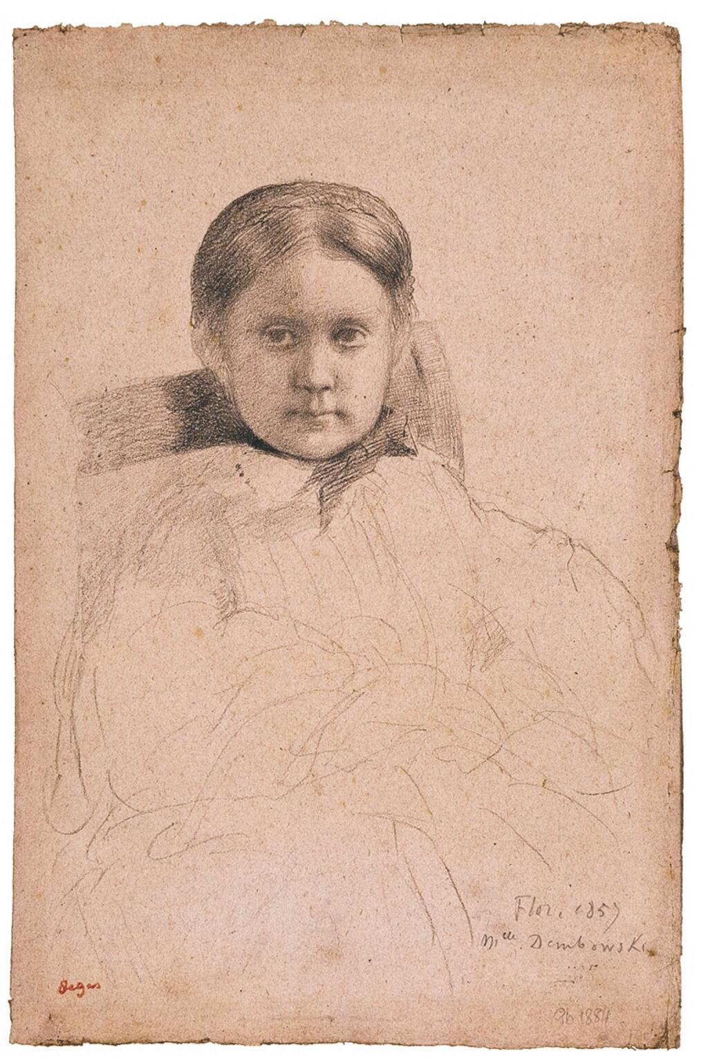 The Petaluma Arts Center will host 'Edgar Degas: The Private Impressionist, Works on Paper by the Artist and his Circle,' on view from June 20 through July 26, 2015. Shown: Degas portrait of Mlle Dembowska, black crayon on pink paper, 1858-1859. (NAPLES MUSEUM PETALUMA ART CENTER)